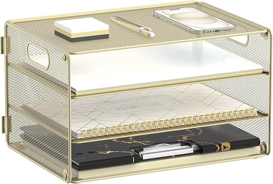 DALTACK 3 Tier Letter Tray Paper Organizer with Handle, Mesh Desk File Organizer, Paper Tray Desk Organizer for School Office Home, Metal Mesh, Golden Yellow