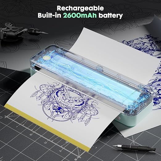 Wireless Tattoo Transfer Stencil Printer, Portable Thermal Tattoo Machine for Tattoo Beginners with 40pcs Stencil Paper, Compatible with Smartphone & PC, Rechargeable & Inkless, Light Green