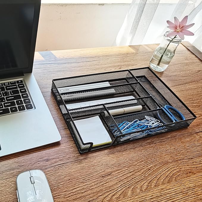 New Desk Drawer Organizer, Desk Organizer,Metal Mesh Office Drawer Organizer Tray, 6 Compartments for Office School Home,12.6 x 8.27 x 1.57 inch, Black (1pc pack)