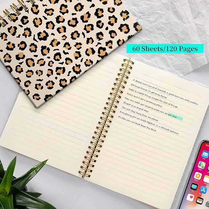 Spiral Notebook Journal for Women Men, A5 Hardcover Journal, 120 Pages Thick Paper, College Ruled Writing Notebook for School, Work & Office 8.3'' × 5.9''(Leopard Skin)