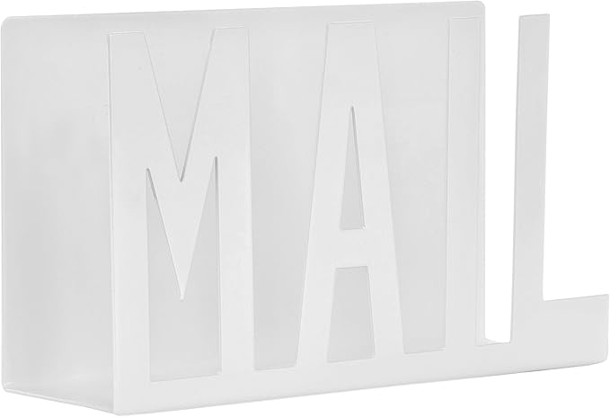 MyGift Modern White Metal Mail Holder Countertop Organizer with Cutout Mail Lettering Design, Office Desktop Envelope and Document Storage Rack
