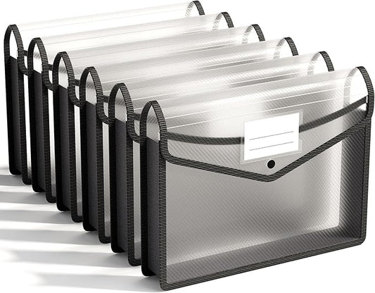 ABC life 6 Pack Plastic Expanding File Folder, Folders for Documents with Snap Closure, Black File Folder Organizer Holder, Transparent Accordion File Pouch,Large Capacity, Fit Letter/A4 Size - Black