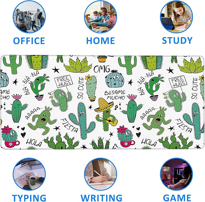 Large Extended Mouse Pad Art Cartoon Cactus Desk Mat,Large Gaming Mouse Pad,Big Desk Pad with Thick Stitched Edges Suit for Home Office or Gaming 35.4x15.7 Inch