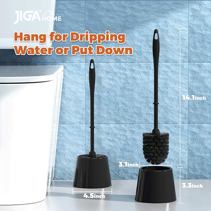 JIGA 3 Pack Toilet Brush and Holder Set, Toilet Bowl Brush with Caddy Bathroom Stiff Bristles Toilet Scrub Brush, Black