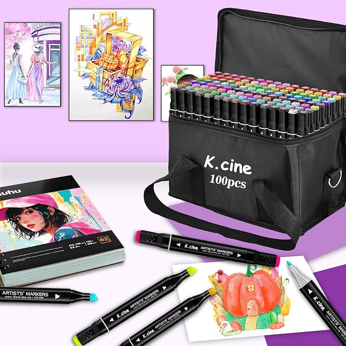 100 Colors Alcohol Markers for Adult Coloring Books, Dual Tip Art Markers with Brush Tip & Chisel Tips for Coloring, Illustrations, Drawing