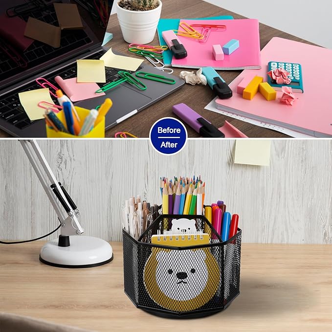 Comix 360° Rotating Pen Holder for Desk, 5 Compartments Office Desk Organizer, Black Mesh Metal Pencil Holder Cup for Office Home School