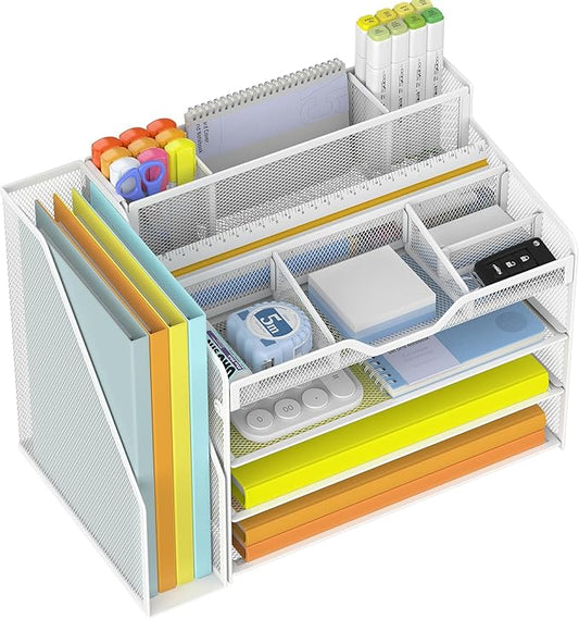 Docnest 4 Tier Mesh Desk Organizer with File Holder – Multi-Functional Paper Letter Tray with 5 Adjustable Compartments, 3 Pen Holders, Desktop Storage for Files, Mail, Stationery – White