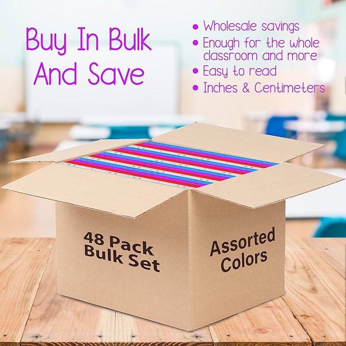 Rulers Bulk for Classroom (48 Bulk Pack) Plastic Ruler 12 Inch, Ruler with Centimeters and Inches, Bulk School Supplies Wholesale, Assorted Colors (48 Pack)