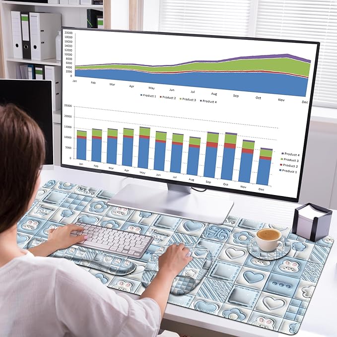 4 in 1 Large Mouse Pad, Keyboard Wrist Rest Set, Ergonomic Mouse Pad with Wrist Support, Desk Mat with Stitched Edges Extended Desk Pad Waterproof Desk Mat for Home Office Game I Cute Rabbit Baby Blue