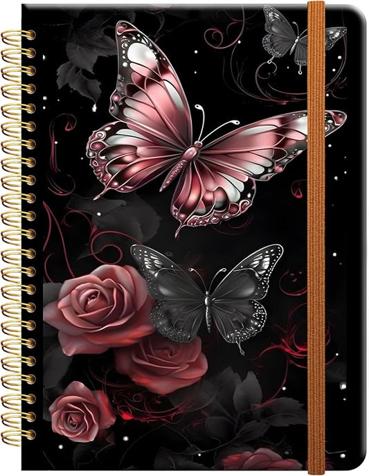 Ruled Spiral Writing Notebook,A5 Hardcover Lined College Journal for Women Lady Girl,Strong Twin-Wire Binding with Premium Paper,8.4" X 6",Perfect for School,Office,Home Gifts(rose gold butterfly)