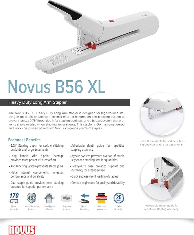 Novus B56 XL Heavy Duty Long Arm Stapler, 20-170 Sheet Capacity, 9.75" Stapling Depth, Anti-Jam, German Engineered (023-0062)