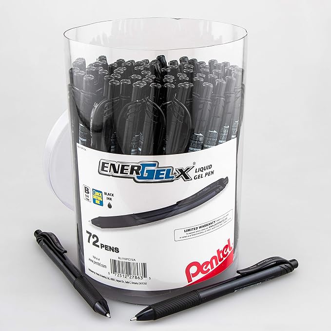 Pentel EnerGel-X Retractable Gel Pen, (1.0mm) Bold Line, Black Ink, 72-PK Canister (BL110PC72A)