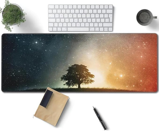 Starry Sky and Tree Large Mouse Pad, Vintage Aesthetic Gaming Desk Mat, XL Keyboard Desk Pad Mat for Desktop, 31.5"x11.8" Non-Slip Base Big Mousepad with Stitched Edges