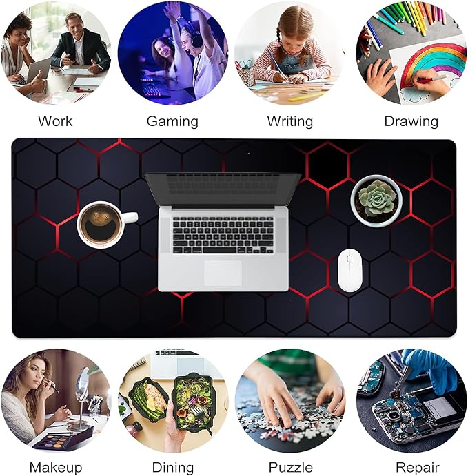 Desk Pad, Black and Red Honeycomb Hexagons Technology XXL Gaming Mouse Pad with Stitched Edges,Non-Slip Waterproof Rubber Base Large Desk Mat for Keyboard and Mouse 35.4"x15.7"