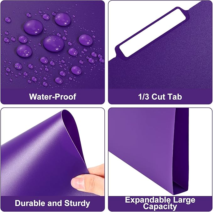 48 Pack Colored Plastic File Folders with Tabs and Sticky Labels Sturdy 1/3 Cut Tab Manila File Folders Letter Size 8. 5 x 11 Inch for Office Home Supplies Organizer Documents(Purple)