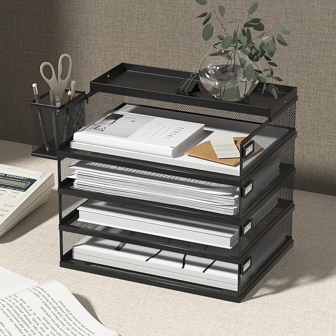 Metal Stackable Letter Trays, 4-Tier Desk Organizer & Paper Trays for Office, Stackable File & Document Tray with Magnetic Labels,Black