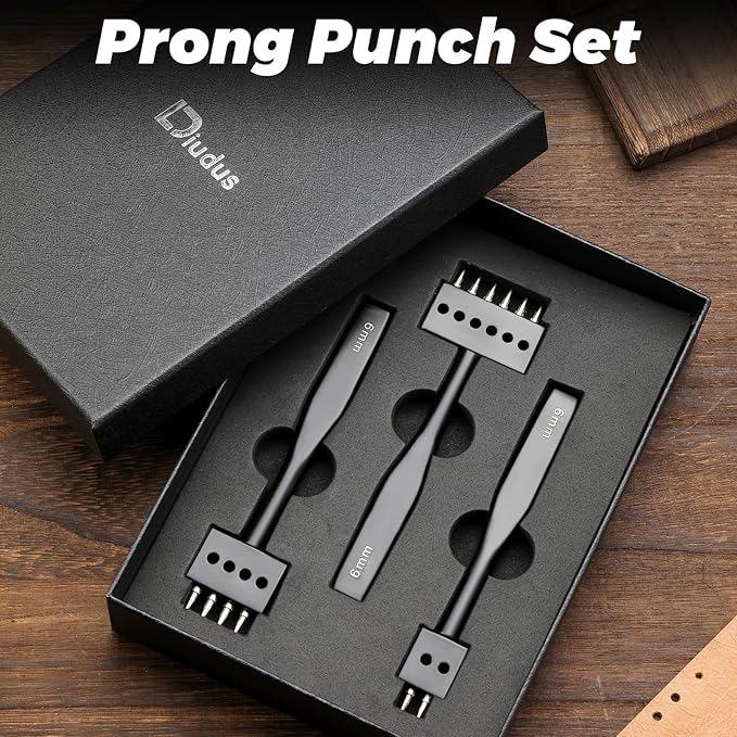 Leather Hole Punch, Prong Punch Tool 6mm 2/4/6 Lacing Stitching Punch, Round Hole Prong Stitching Chisel Set Leatherworking Tools for Leathercraft