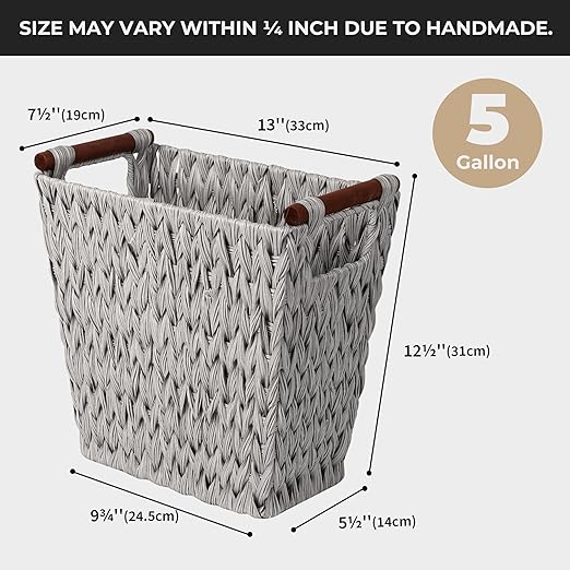 GRANNY SAYS Woven Waste Basket, Gray Wicker Basket with Wood Handles, Wicker Waste Basket for Bathroom Living Room, 2-Pack, 13" x 7 ½" x 12 ½"