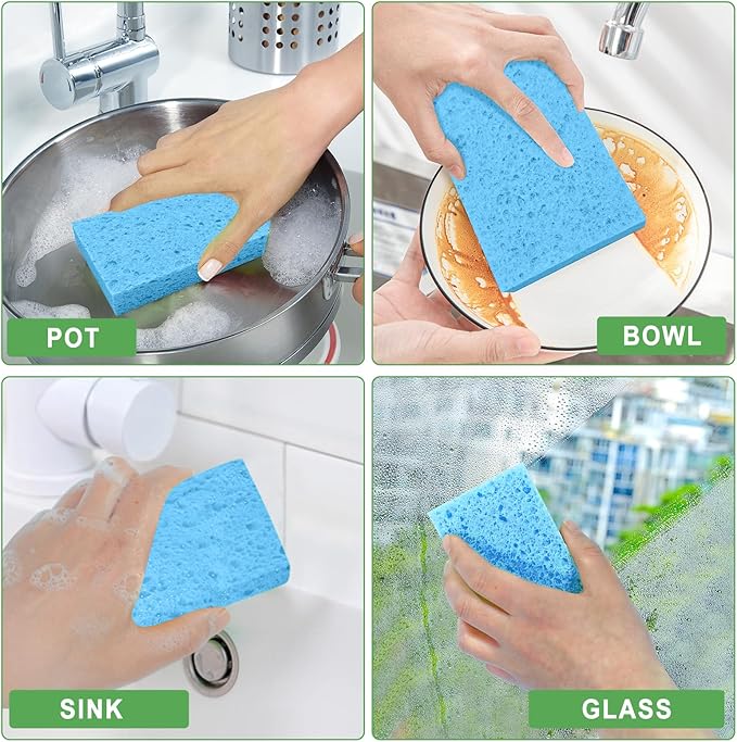 Non-Scratch Kitchen Sponges 24 PCS | Compressed Cellulose Sponges | Natural Biodegradable Sponge for Kitchen Dishes Bathroom Cars | DIY Cut-Outs for Kids