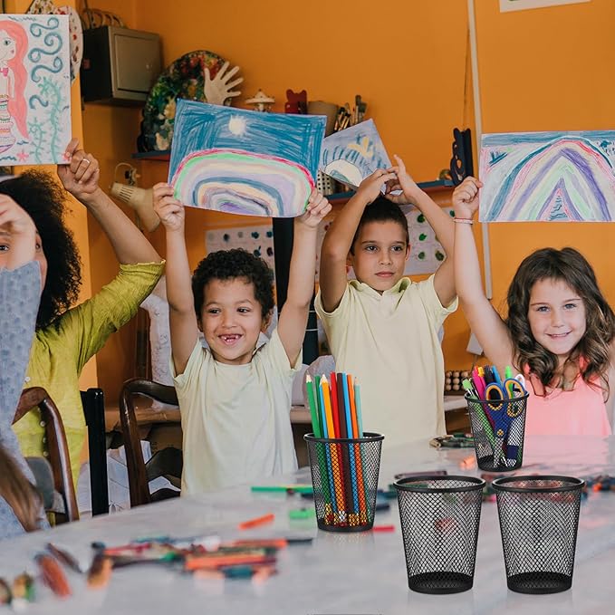 12 Pack Metal Mesh Pen Holder, Black Round Pencil Cup Organizer for Desk, Office, Classroom, 2.6"x3.5"x4.2" Size