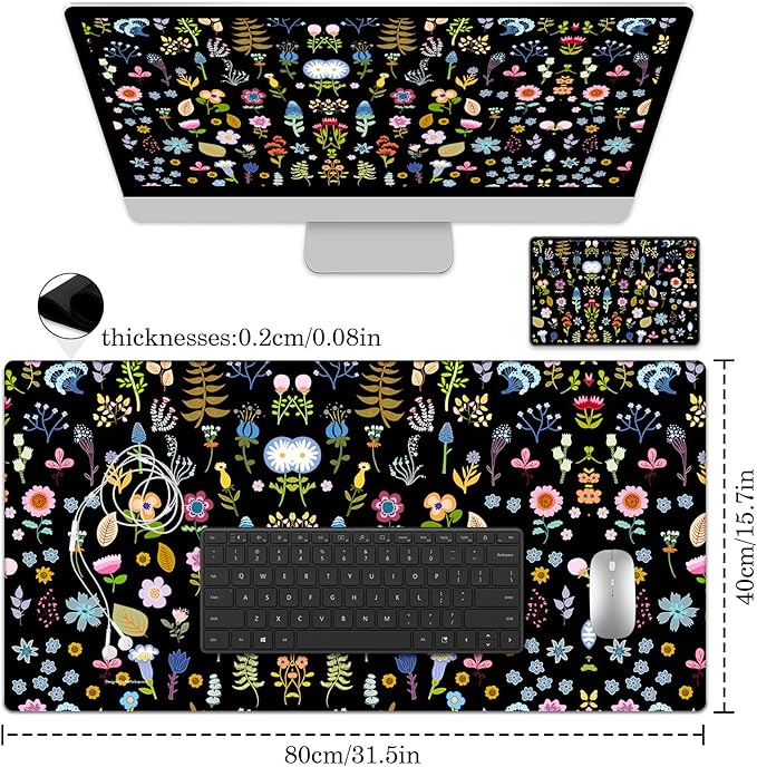 Flower Pad Protector, Floral Stitched Edges Mouse Pad, Large Office Mat, Non-Slip Desk Blotter, Laptop Desk Pad, Writing Pad for Office and Home (31.5" x 15.7")