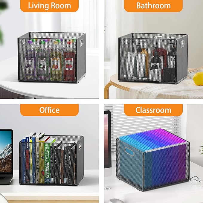 Hanging File Organizer, File Box Organizer with Handle, Metal Mesh Hanging File Folder Box, Letter Size Filing Crate Bin Holder for Home Office Desk(2 Pack)