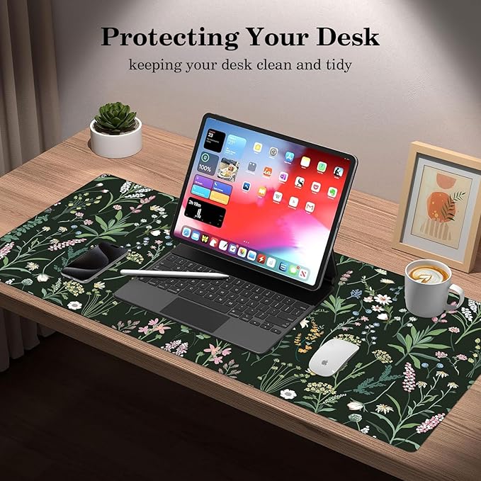 Wildflowers Desk Pad Protector, Stitched Edges Mouse Pad, Large Office Mat, Non-Slip Desk Blotter, Flower Laptop Pad, Floral Writing Pad for Office and Home (31.5" x 15.7")
