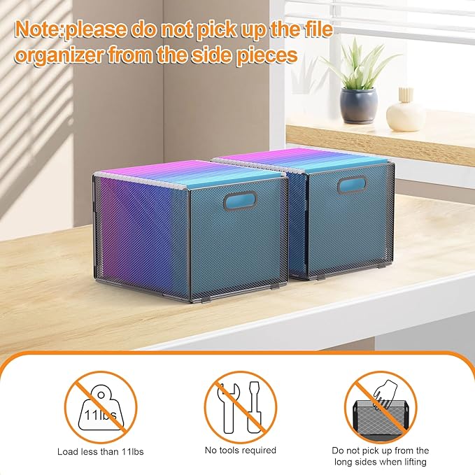 Hanging File Organizer, File Box Organizer with Handle, Metal Mesh Hanging File Folder Box, Letter Size Filing Crate Bin Holder for Home Office Desk(2 Pack)
