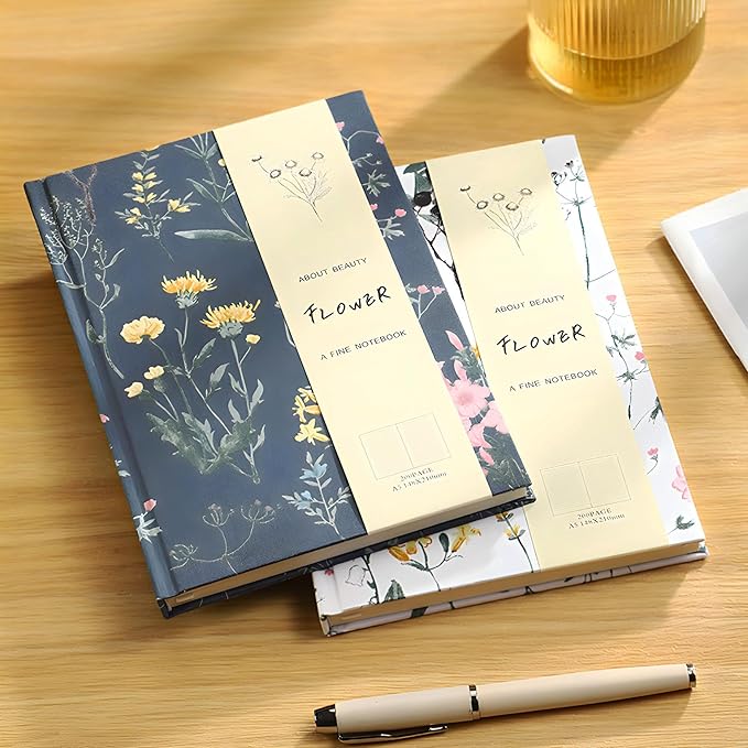 Floral Journal for women, Floret Hardcover Notebook, A5, 6x8, Medium Ruled Notebook, Lay-flat, Linen Journal, Notebooks for School, Writing Journal, Reading Journal, Plant Journal, Navy Blue
