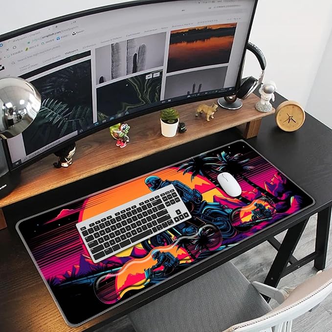 Keyboard Mouse Pad Set,Large Mouse Pad+Keyboard Wrist Rest+Wrist Support+Coaster,31.5x11.8in Extended Desk Mat for Computer Laptop Office Home-Vintage Motorcycle Boy