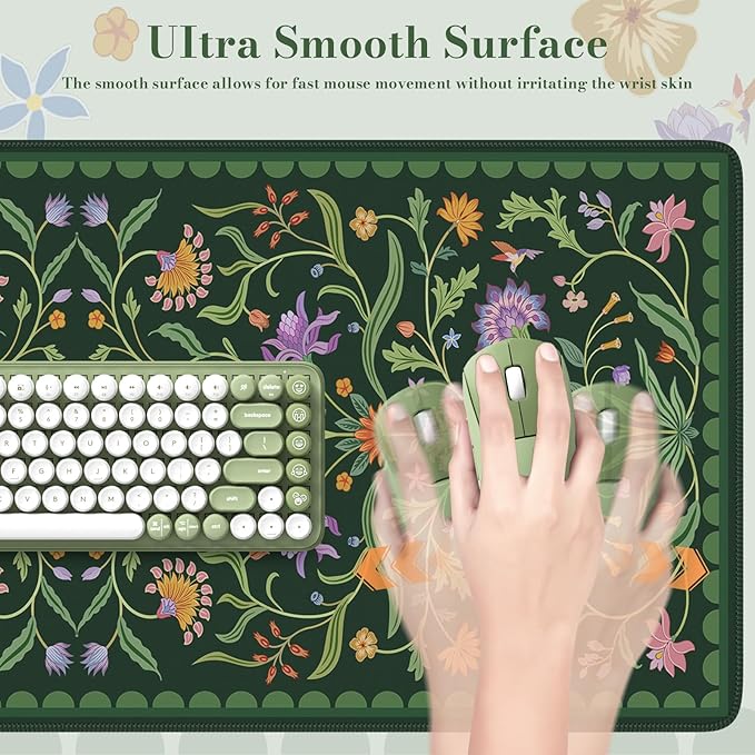 HAOCOO Moss Green Aesthetic Desk Matt for Desktop, Cute Mouse Pad, Non-Slip Vintage Keyboard Mat with Stitched Edge, Large Desk Docer Mat, Desk Cover for Home, School, Office