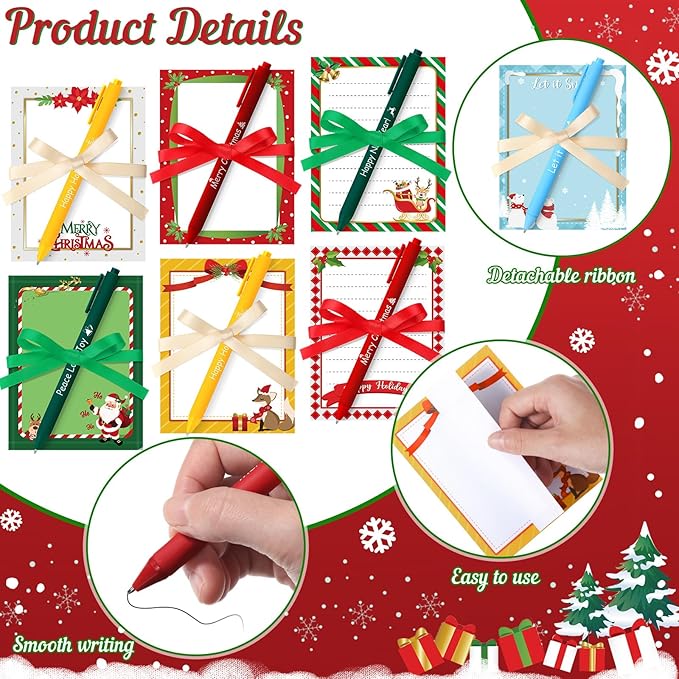 36 Pcs Christmas Sticky Notes with Pen and Ribbon Winter Theme Notepads Santa Snowman Gingerbread Christmas Self Adhesive Memo Pads for Xmas Holiday School Office Home Supplies