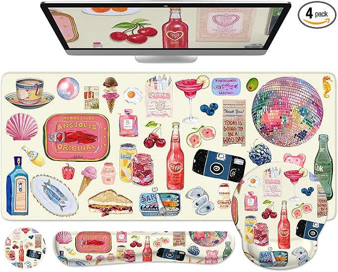 iCasso Desk Pad Mat, Large Mouse Pad and Keyboard Wrist Rest Set, Desk Protector Mat,4in1 Ergonomic Carpal Tunnel Keyboard Pad with Wrist Support for Desktop Home Office Computer (Watercolor Stickers)