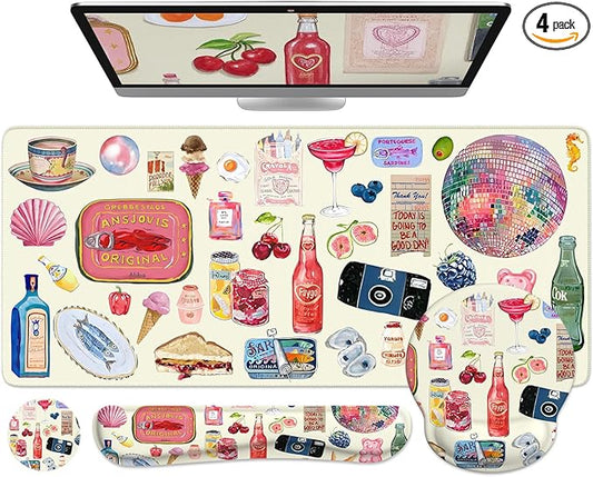 iCasso Desk Pad Mat, Large Mouse Pad and Keyboard Wrist Rest Set, Desk Protector Mat,4in1 Ergonomic Carpal Tunnel Keyboard Pad with Wrist Support for Desktop Home Office Computer (Watercolor Stickers)