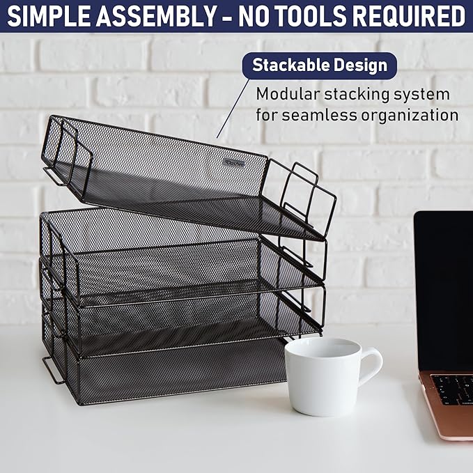 Stackable Paper Tray Desk Organizer, 4-Tier Metal Mesh Letter Organizers for Business, Home, School, or Store Use, Organizes Files, Folders, Letters, Paper, Binders, Multi-Functional Desktop Storage