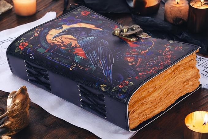 Leather Gothic Journal Magical Raven Notebook Blank Spell book of shadows Mystery Crow Journal Grimoire Witchcraft notebook Journal Great for Halloween and Raven Lovers Aesthetic Leather Journal gifts for Men and Women (7x5 Inches)