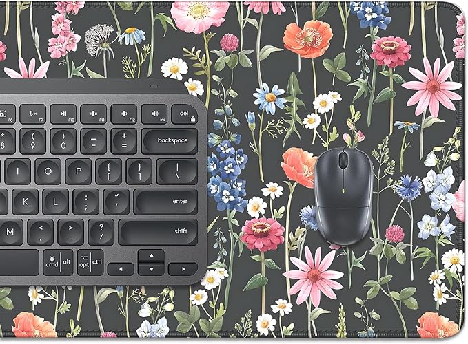 Black Background Watercolor Flowers Desk Pad Mouse Pad,Large Floral Mouse Mat with Stitched Edges,Non-Slip Rubber Base Mousepad for Office PC Keyboard Laptop and Home Work Desk Mat(27.5X11.8 in)