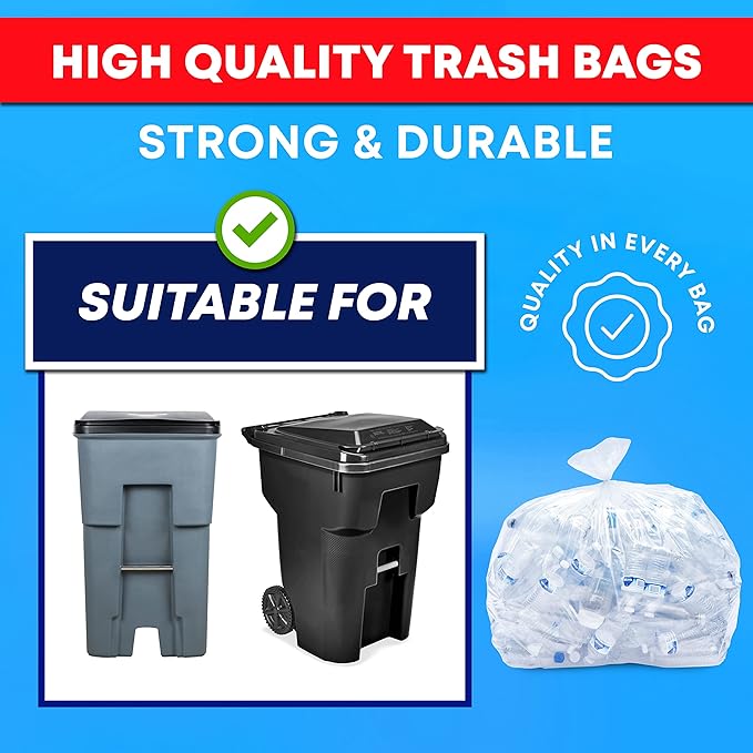 Veska 65 Gallon Clear Trash Bags, (50 Bags w/Ties) Clear Recycling Plastic Garbage Bags. 60 Gallon, 64 Gallon, 65 Gallon Trash Bags