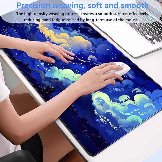 XL Gaming Desk Pad Kawaii Dark Blue Clouds Design, Non-Slip Surface & Stitched Edges, 31.5x15.7 in - Cute Aesthetic for Office or Gaming Setup