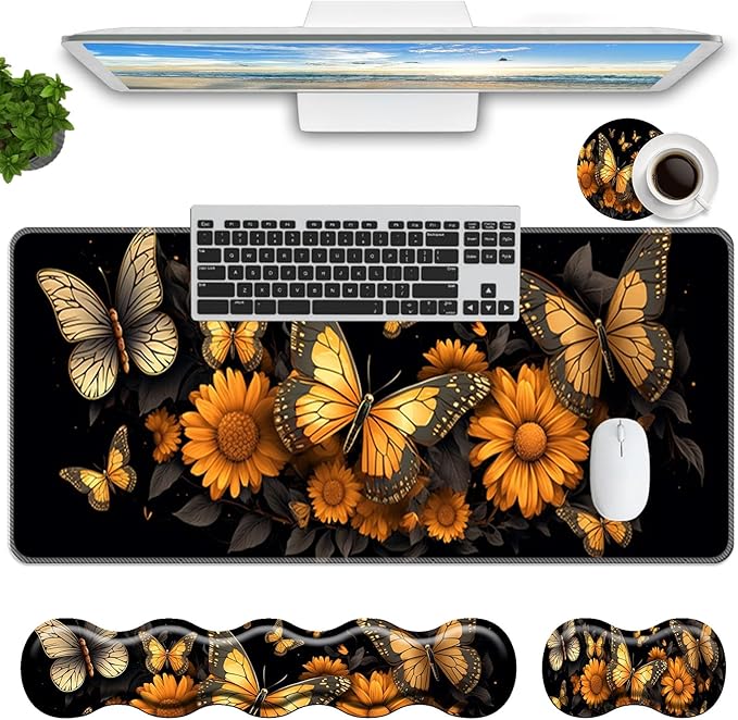 Keyboard Mouse Pad Set,Large Mouse Pad+Keyboard Wrist Rest+Wrist Support+Coaster,31.5x11.8in Extended Desk Mat for Computer Laptop Office Home- Flower Butterfly