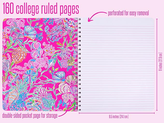 Lilly Pulitzer Large Pink Hardcover Spiral Notebook, 11" x 9.5" with 160 College Ruled Pages, Shell Me Something Good