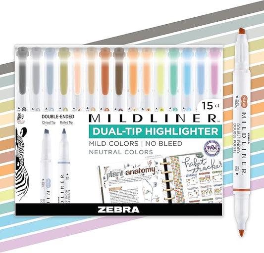 Zebra Pen Mildliner Dual-Tip Highlighter Set, Broad and Fine Point Tips, Ideal for Bible Highlighting, No Bleed, School Supplies and Teacher Supplies, Neutral Vintage Ink Colors, 15-Pack (78315)