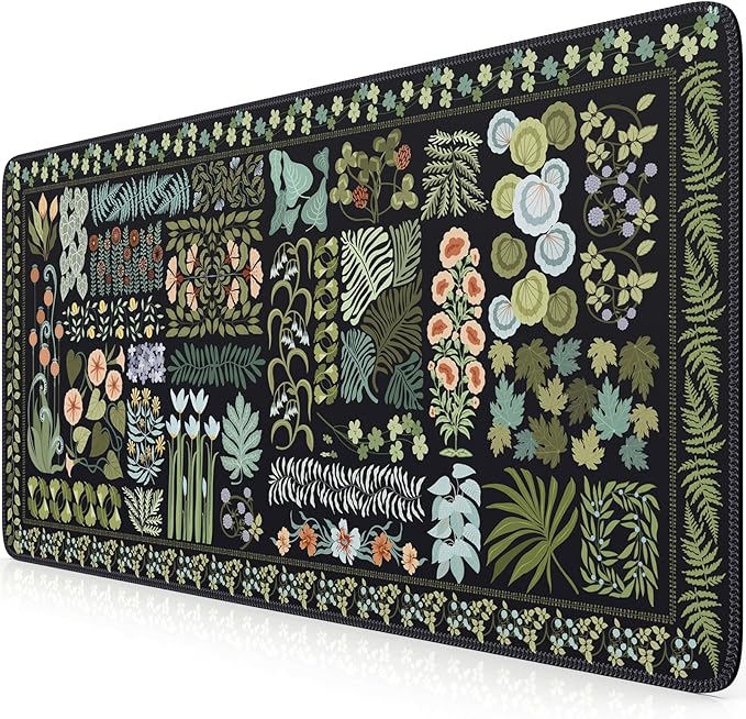 HAOCOO Black XXL Mouse Pad, Floral Desk Mat for Keyboard and Mouse, Vintage Keyboard Mat with Non-Slip Rubber Base, Water-Resistant Desk Pad Mat with Stitched Edges for Office