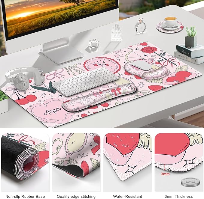 Gaming Mouse Pad, Large Desk Mat, Cute Desk Pad Protector, 4in1 XXL Mousepad + Keyboard Wrist Rest+Mouse Wrist Rest+Coaster Set with Ergonomic Desk Pad for Home Office Computer, Adorable Rose Bow