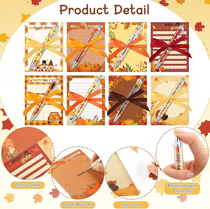 36 Pcs Fall Sticky Notes Include 12 Thanksgiving Notepads and 12 Pen and 12 Ribbon Fall Pumpkin Maple Leaf Turkey Self Adhesive Memo Pad for School Office Home Thanksgiving Gift