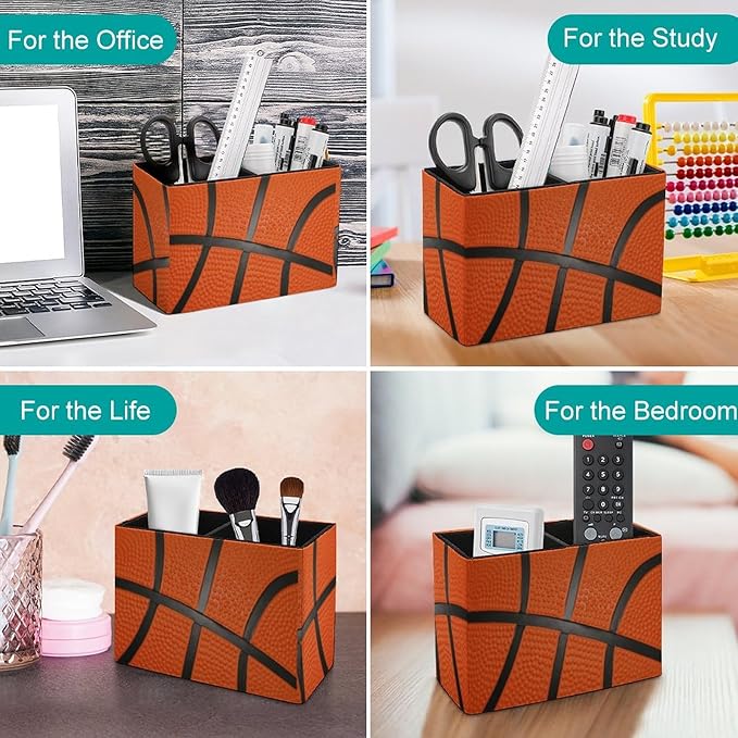 Pen Holder, Pencil Holder for Desk Organizer, Sport Ball Basketball PU Leather Pencil Cups Desktop Stationery Storage Makeup Brush Holder Pen Organizer for Office Home