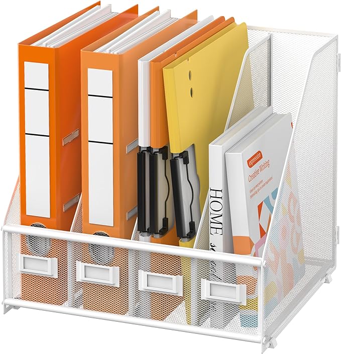 DALTACK Desk Organizers Metal Magazine File Holder with 4 Vertical Compartments Folder Storage Binder Organizer for Office Home School Organization, White