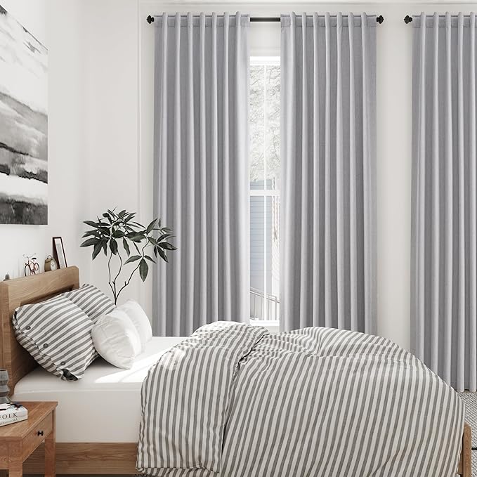 100% Blackout Linen Curtains 102 Inches Long 2 Panels Set for Bedroom Grey Back Tab Black Out Curtains Modern Urban Noise Cancelling Total Light Blocking Window Curtains 102 Length 52X102