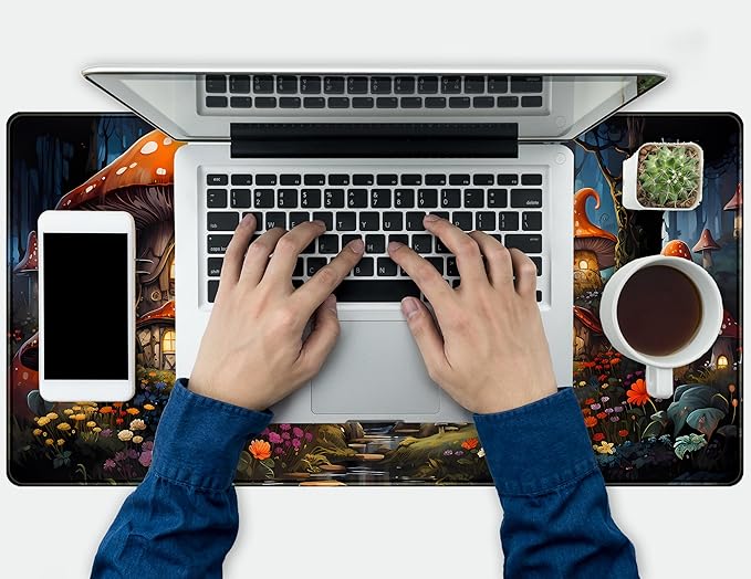 Cute Anime Mushroom Desk Pad Floral Desk Mat, XXL Large Extended Mousepad Gaming Mouse Pad Computer Mat with Stitched Edges, Fantasy Office Decor Laptop Keyboard and Mouse Mat, 31.5x15.75 in