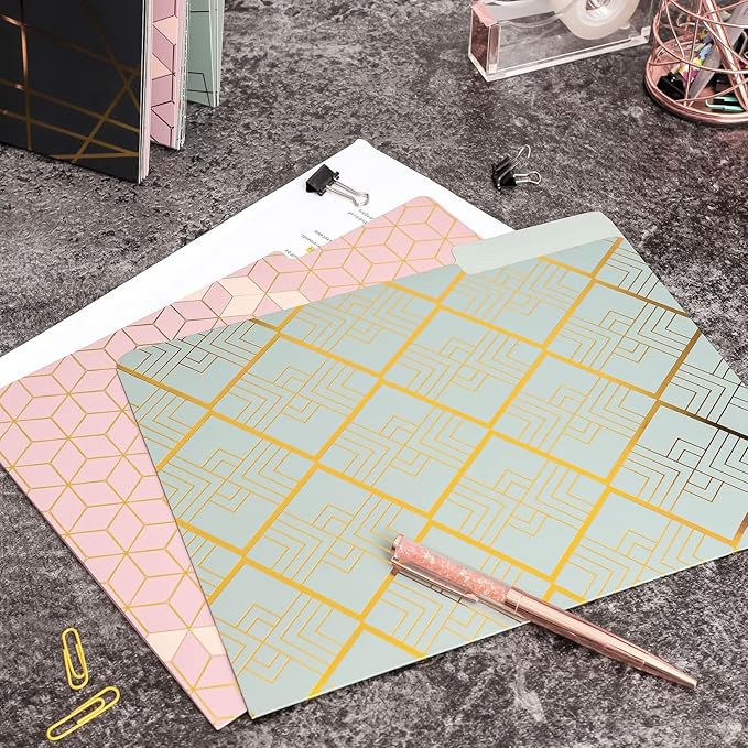 Paper Junkie Decorative File Folders - 11.5 x 9.5 in, Pink Pack of 12 - Cute Geometric Accents & Gold Foil 1/3 Tab - Pretty Colored folders for Office Supplies & School